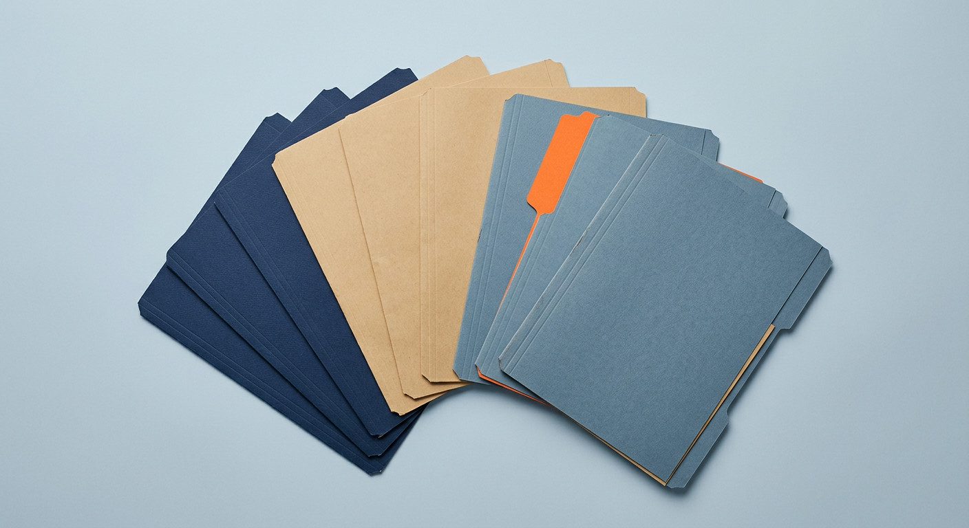 Fanned navy, manila, and steel folders representing every filing a contractor owes