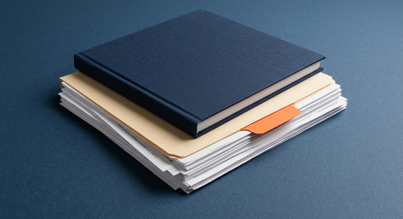 A navy folder on top of manila paperwork, representing a contractor's license file